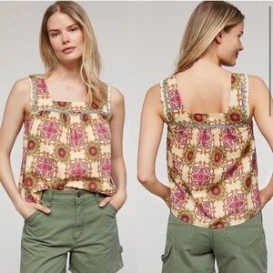 Anthropologie Let Me Be Abstract Ruffled Tank 2 colorful Cotton Patterned Blouse